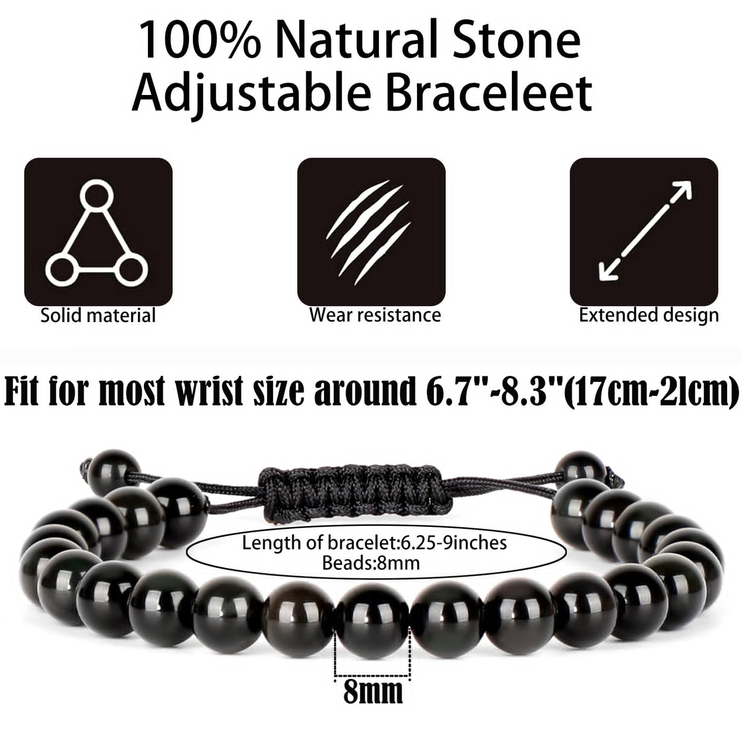 QOGIR Handmade Healing Stones Bracelet,8mm Natural Black Obsidian Gemstone Beads Bracelet,for Men Women Gifts with 2PCS Size Adjustable Rope Bracelets