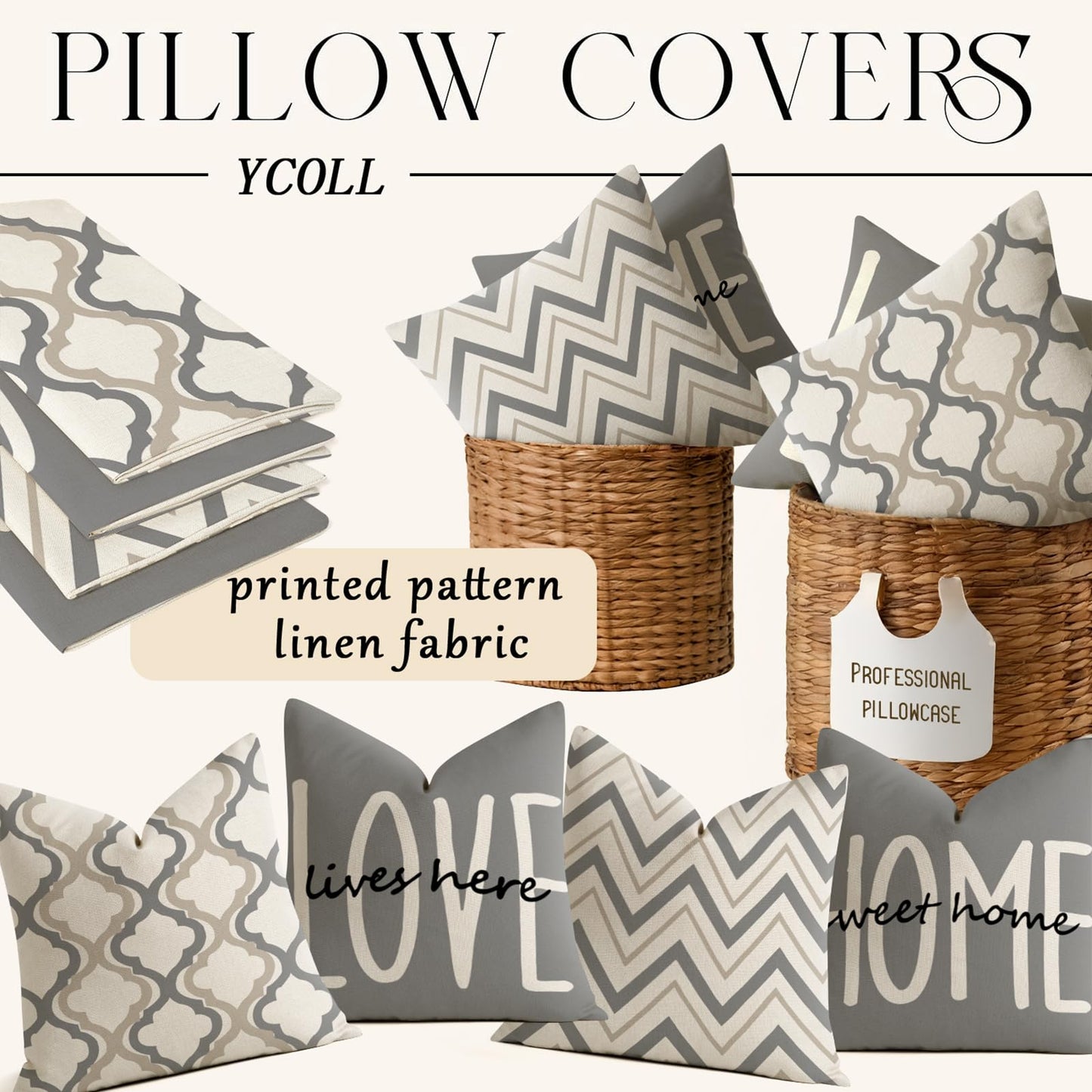 YCOLL Farmhouse Throw Pillow Covers 18x18 Set of 4 Rustic Linen Square Decorative Cushion Covers for Couch Sofa Bedroom Home Decor