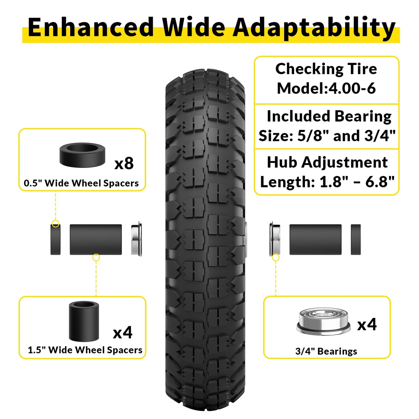 RONPOW 4.00-6 Flat Free Tire and Wheel, 13 Inch Solid Garden Wheelbarrow Tires, 300Lbs with 5/8" & 3/4" Axle Hole, 1"-3.5" Hub for Garden Cart, Wheelbarrow, Hand Truck, for Home Farm, 2Pcs Yellow