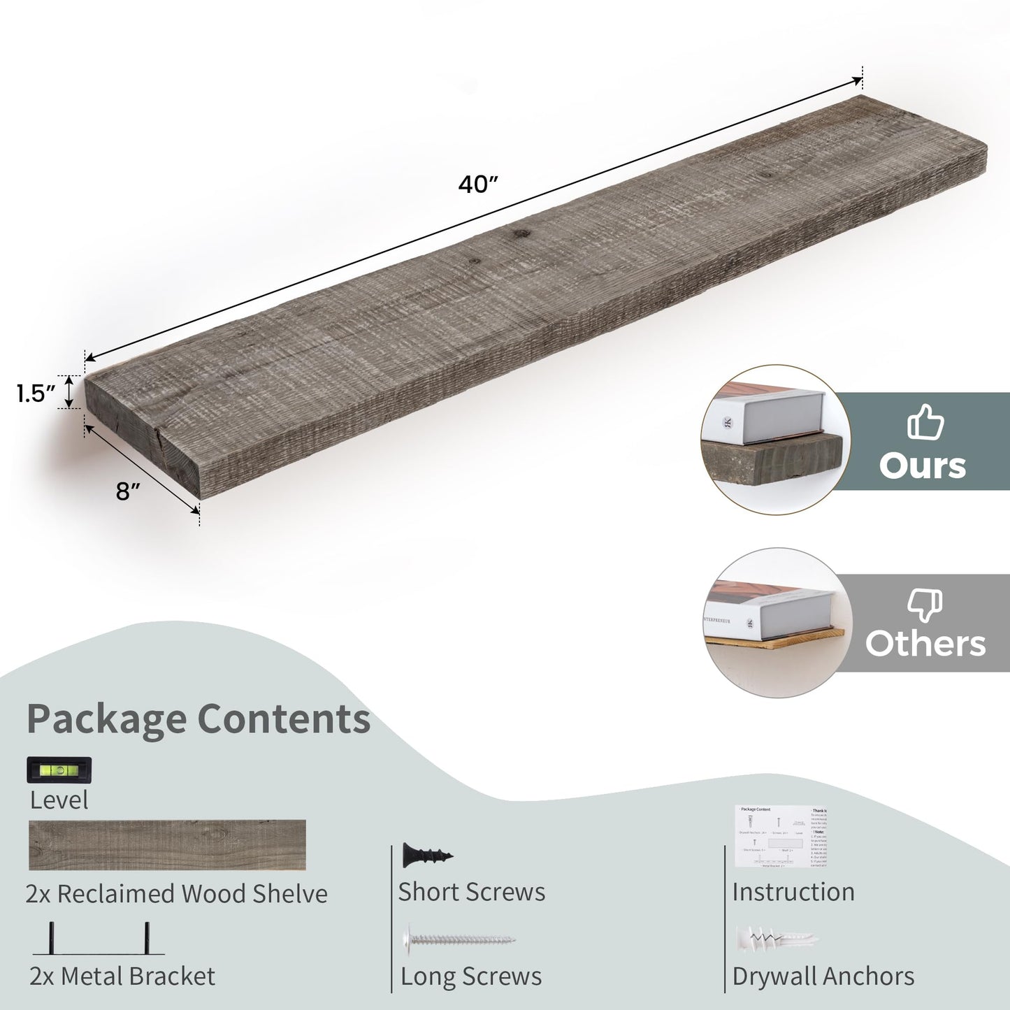 FLYJOE Floating Shelves Reclaimed Barnwood, 8" Deep Solid Wood Floating Shelf Wall Hanging Shelves with Invisible Heavy-Duty Metal Bracket | Wall Mounted | Farmhouse Style | 40 inches,2PCS,Grey
