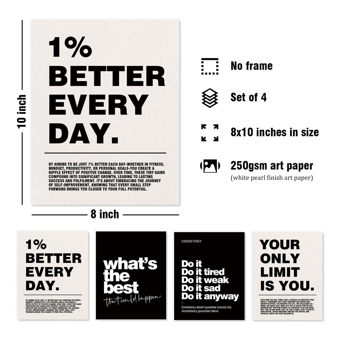 DSHFG Motivational Inspirational Office Wall Art Decor Prints Set of 4, Black Motivational Wall Decor Trendy Retro Posters for Office Home Decor, 8x10 Unframed