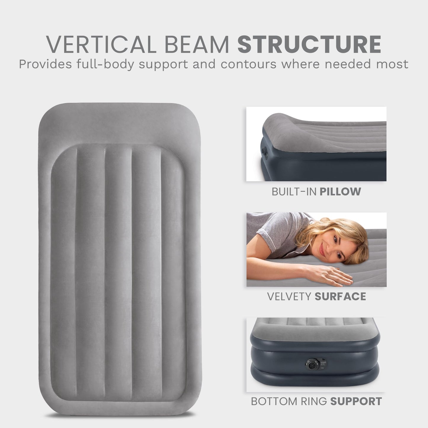 INTEX 64131ED Dura-Beam Plus Deluxe Pillow: Fiber-Tech – Twin Size – Built-in Electric Pump – 16.5in Bed Height – 300lb Weight Capacity