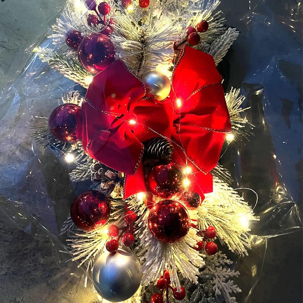 2025 Cordless Christmas Swags Prelit Teardrop Swag Christmas Staircase Decorations Artificial Stairs Christmas Garland with Lights Rustic Christmas Swag for Front Door Wall Window Stair Home Decor (A)