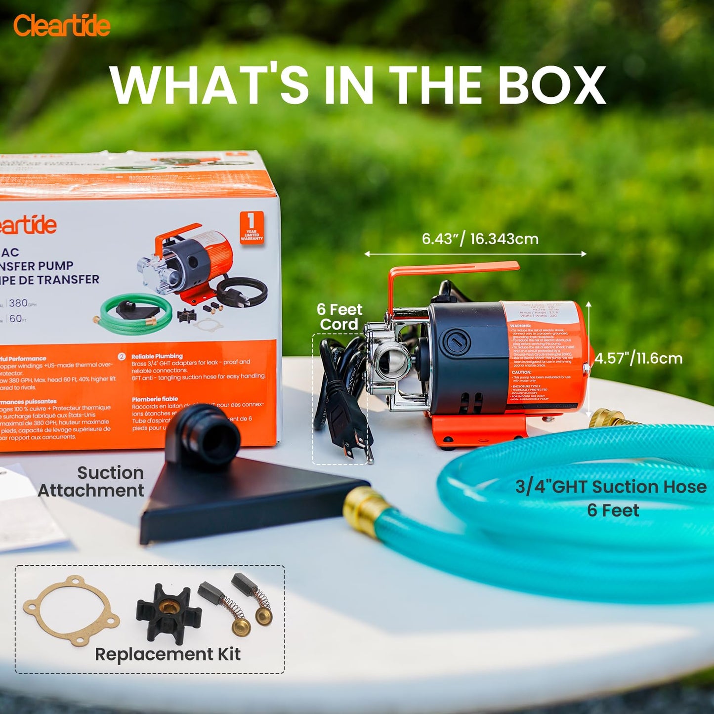 Cleartide Water Transfer Pump 115V, 1/10HP 380GPH Utility Water Pump Electric With 6ft Suction Hose Kit, Portable Small Water Pump For Pool Draining, Removing Water From Rain Barrel, etc.
