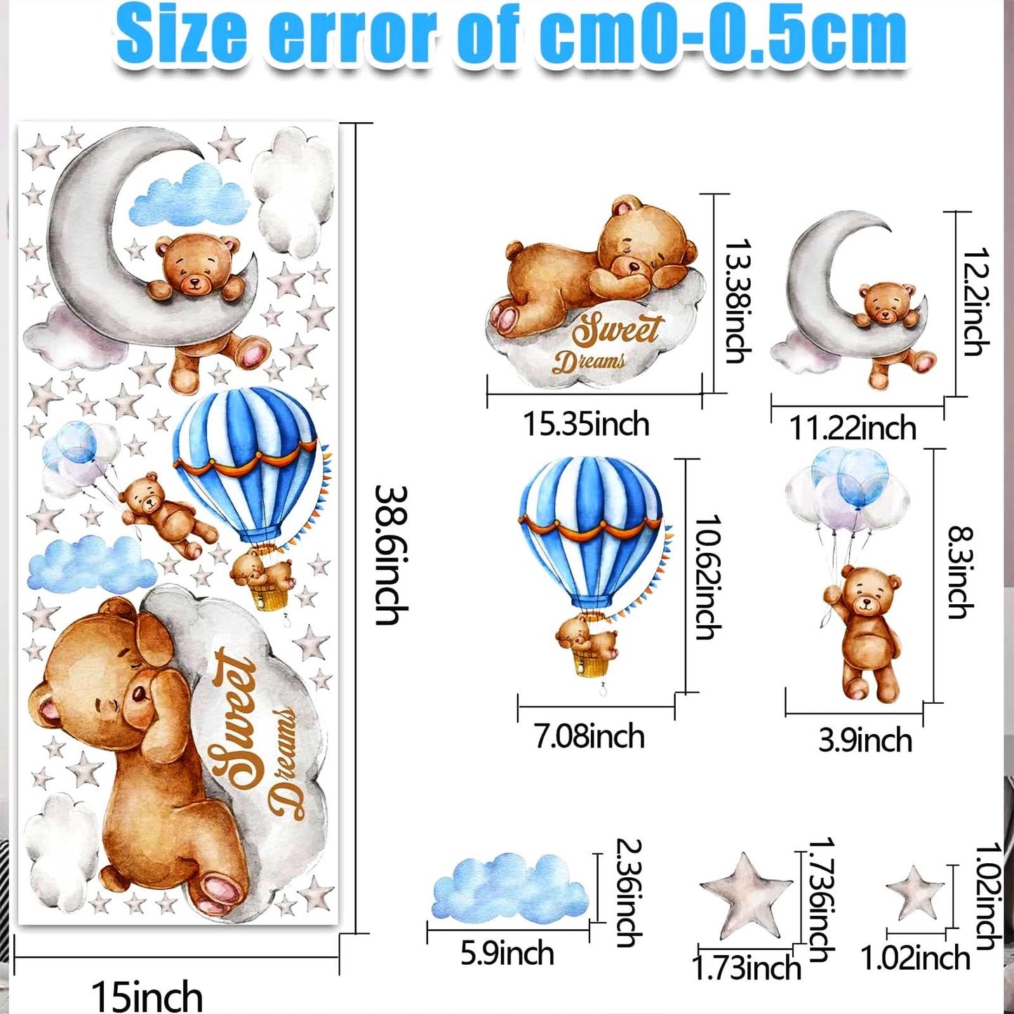 Tedy Bear Moon & Stars Wall Decor - Sleeping Bear Wall Stickers, Baby & Nursery Room Decor
