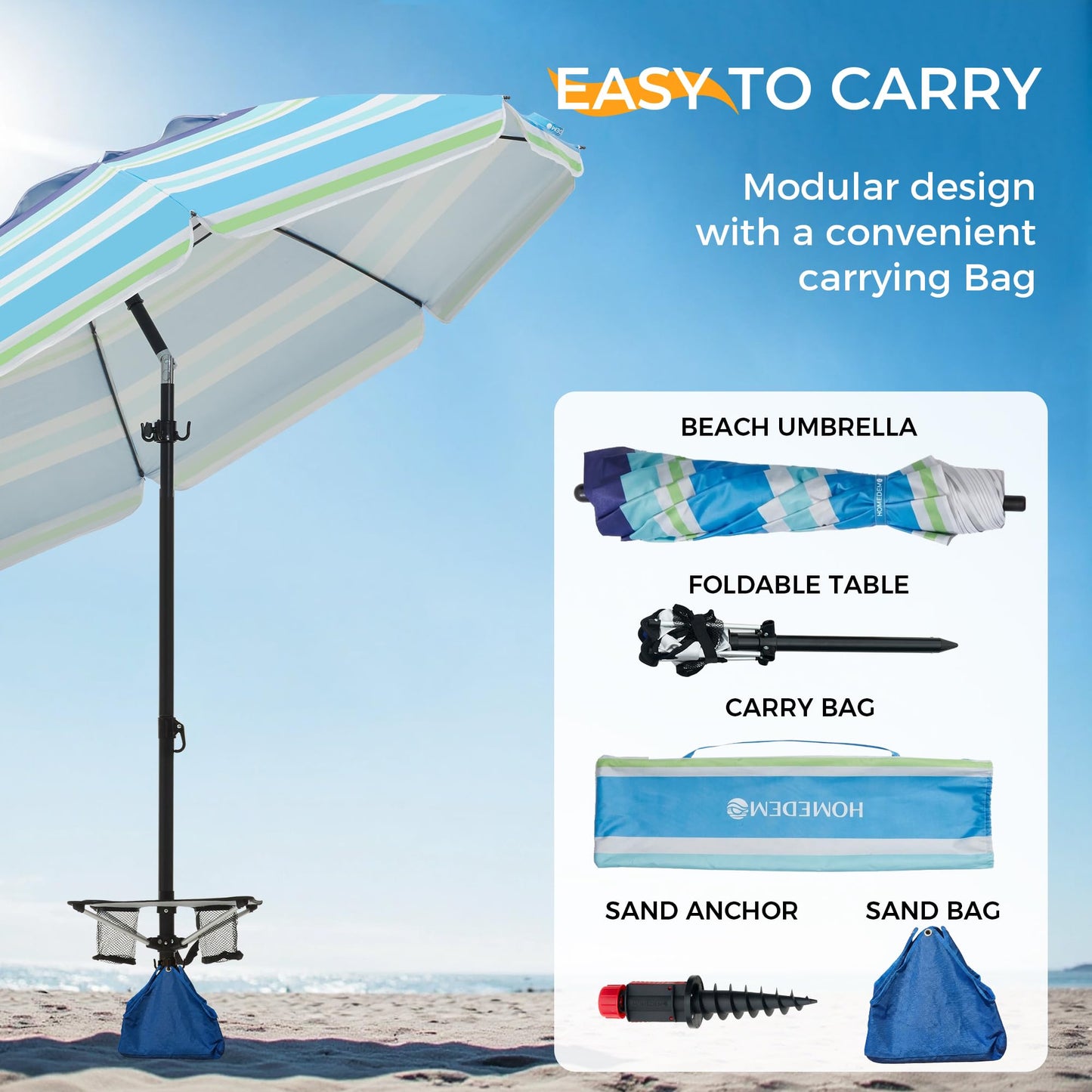 HOMEDEMO 8FT Large Beach Umbrella with Weight Bag & Sand Anchor, Outdoor Umbrellas with Adjustable Aluminum Pole and Built-in Table, Heavy Duty Windproof & UPF 50+ Design, Parasol, Blue Green White