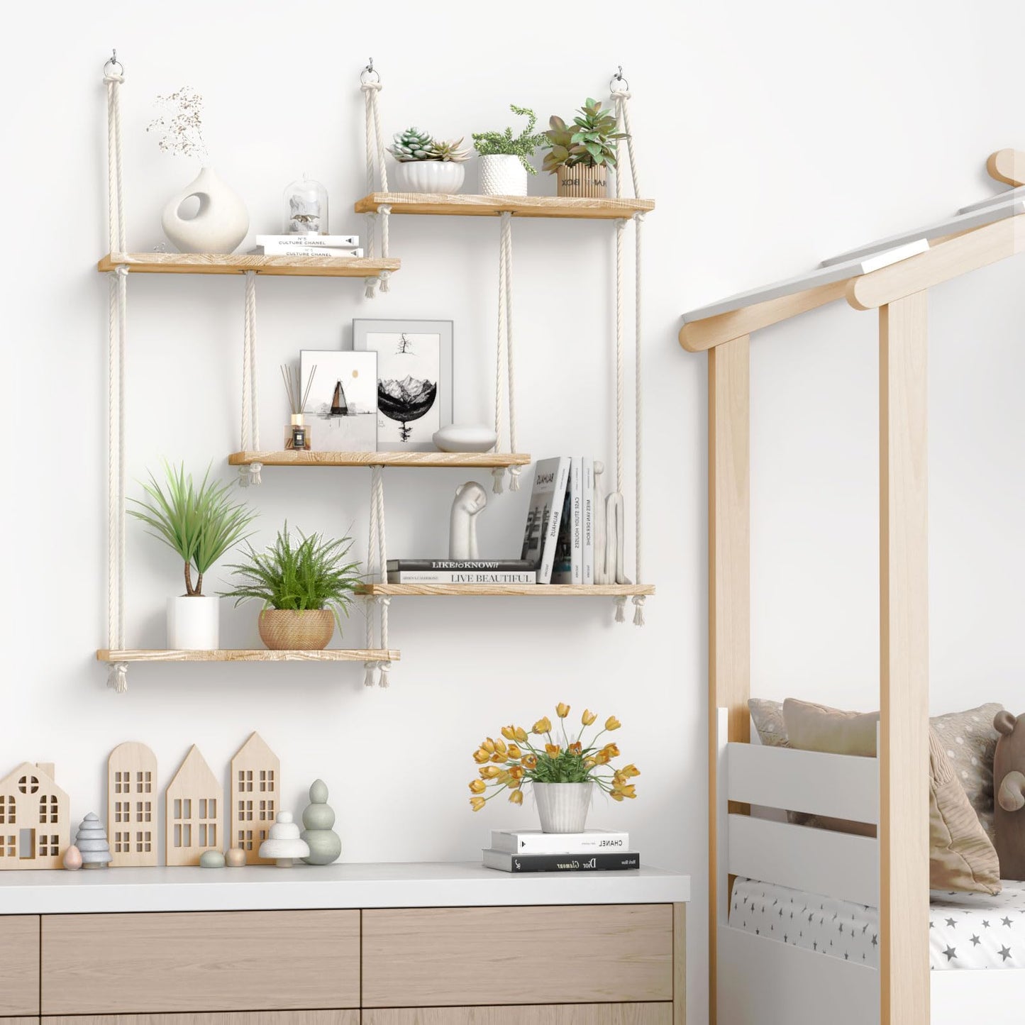 FKSLIFE Hanging Shelves for Wall,Macrame Hanging Plant Shelf with Vine Lights 5 Tier Rope Floating Shelf Wood Organizer Storage Rack Boho Wall Decor Aesthetic for Succulents Bedroom Bathroom Kitchen