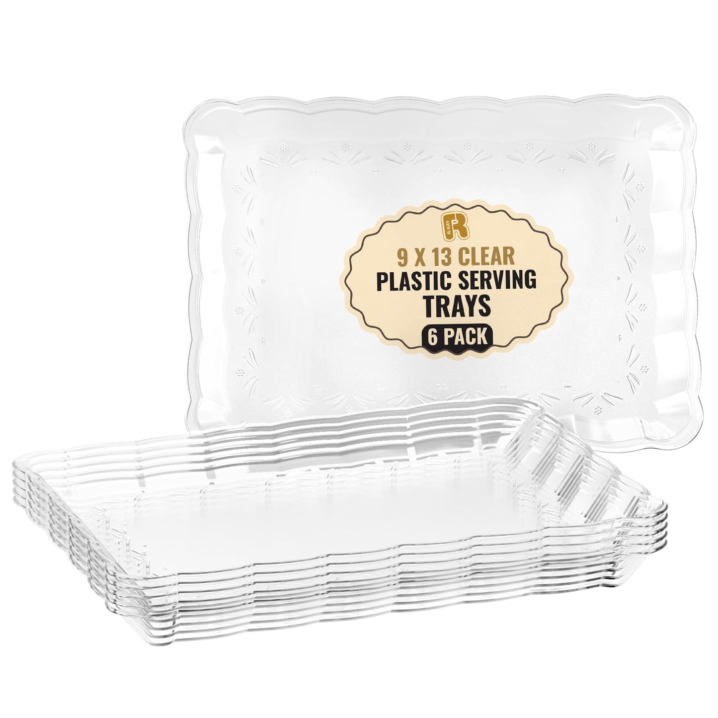 6 Pack Clear Plastic Serving Trays for Party, 9 x 13 Inch - Heavy Duty Plastic Trays for Food - Rectangular Party Serving Trays and Platters - Clear Disposable Trays