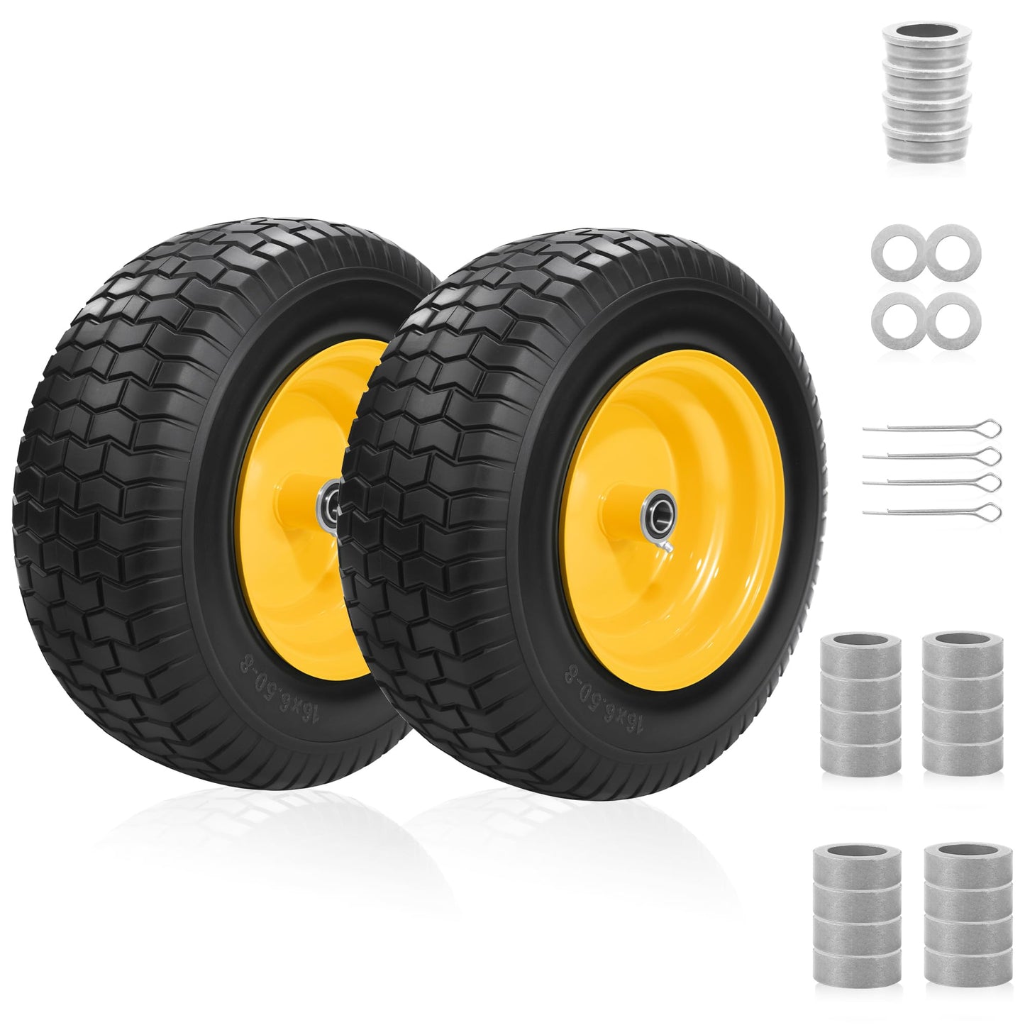 2PC 16x6.50-8 Flat Free Tire and Wheel,3/4" Bearings & Extra 1" Bushing,3" Offset Hub, Solid Riding lRLawn Mower Tires, 550lbs Load Capacity, Fit for Lawn Mowers, Riding Mowers and Lawn Tractors.
