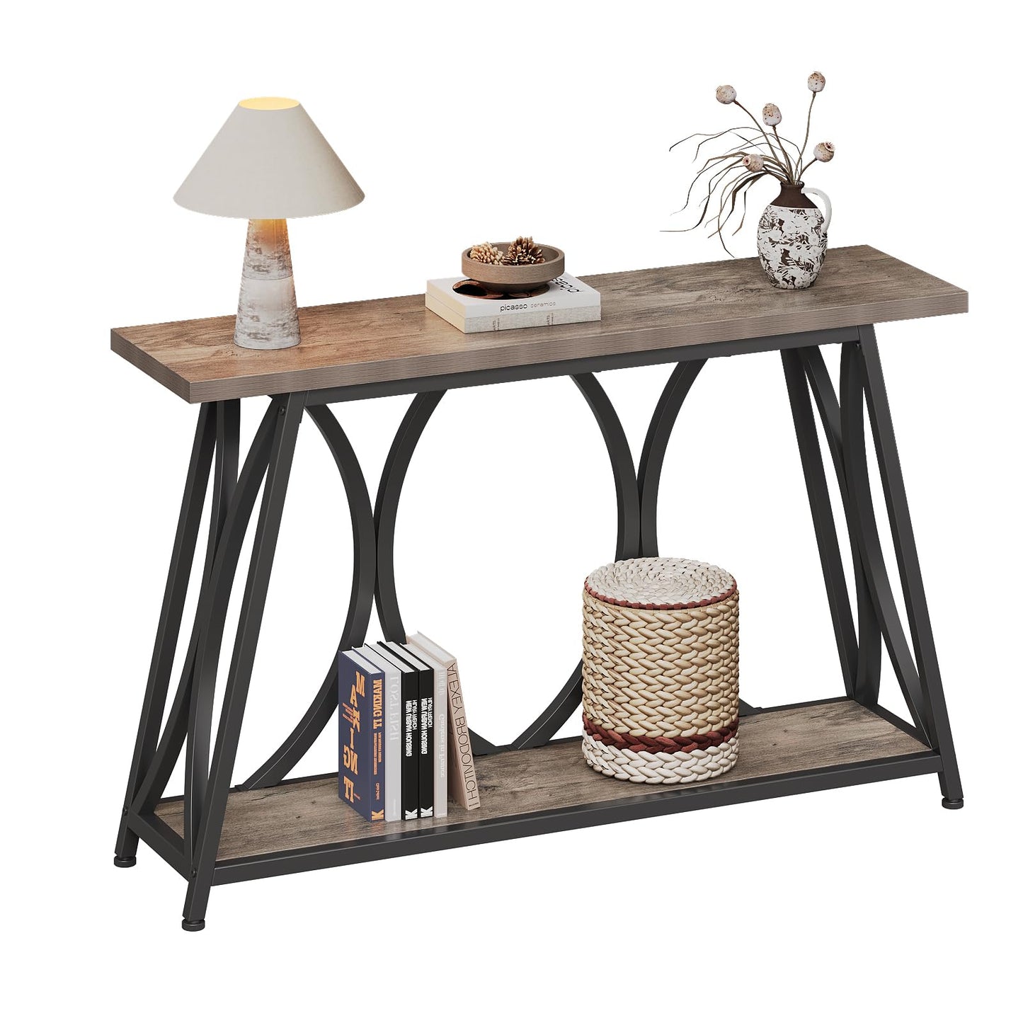GiftGo 47.24 Inch Entryway Console Table, Industrial Sofa Table Behind Couch with Shelves, 2 Tier Wood Accent Table with Metal Frame for Living Room, Entrance, Hallway, Foyer, Vintage Gray