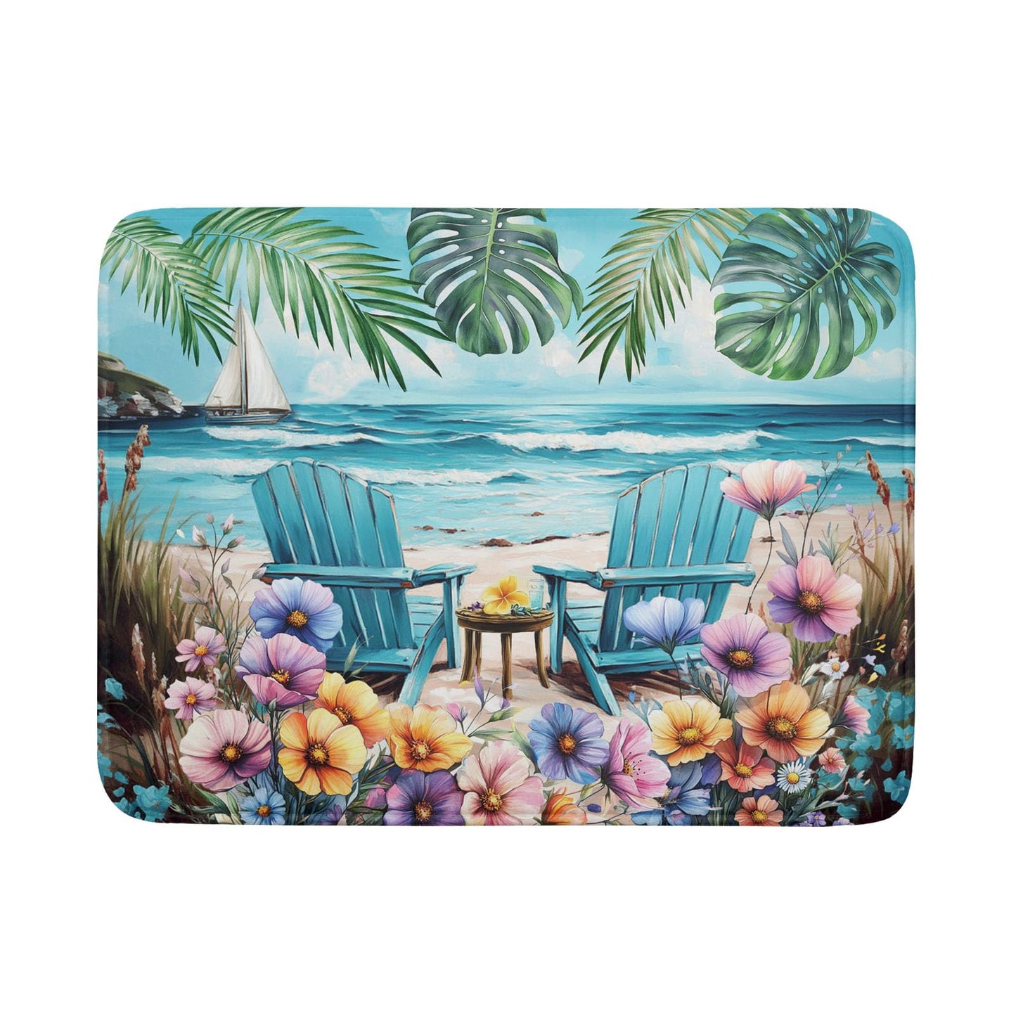Spring Summer Sea Chair Dish Drying Mat for Kitchen Counter,Coastal Beach Palm Leaf Flowers Drying Mat 18 x 24 Inch with Absorbent Reversible Microfiber Drying Pad for Coffee Bar