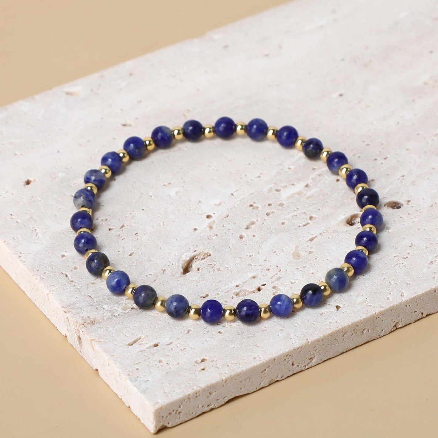 QOGIR Blue Sodalite - Self Confidence - 14K Gold Plated Beads Natural Gemstone Stretch Elastic Dainty Healing Beaded Bracelets Gifts 4mm