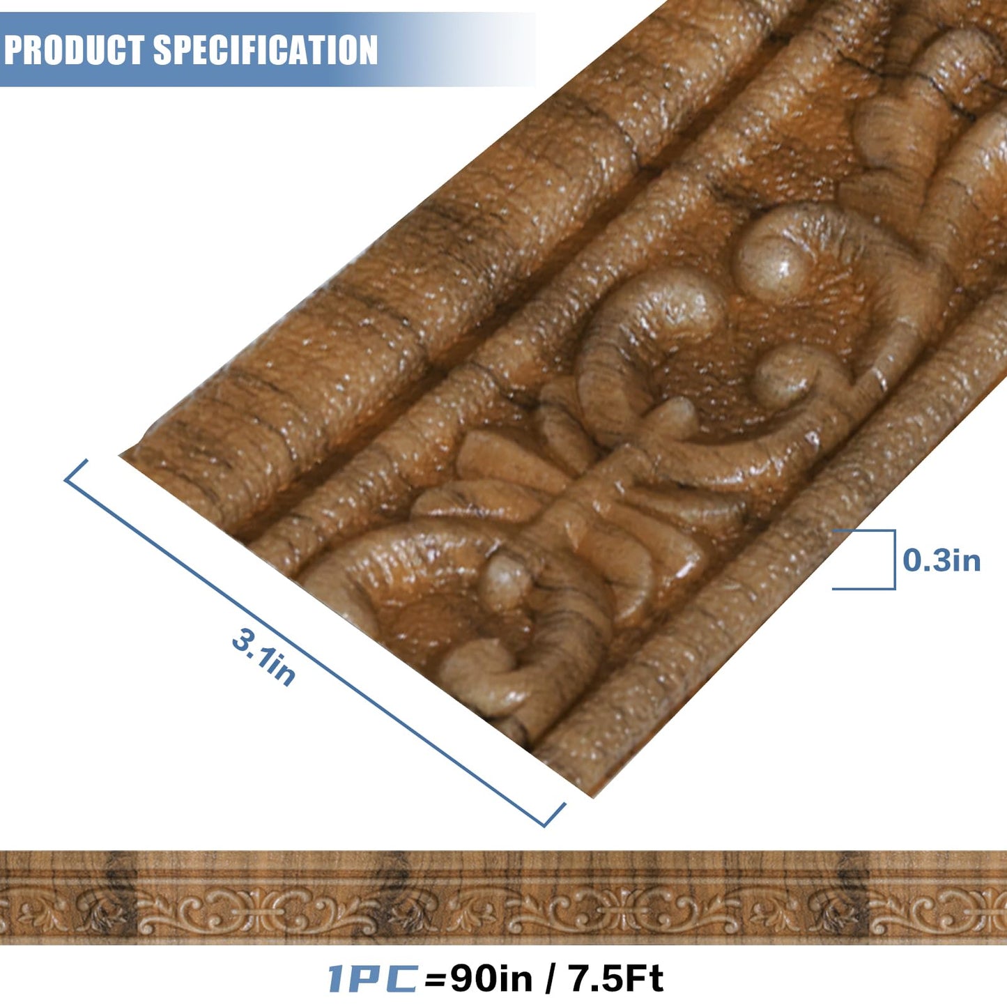 WADILE 90" x 3.1" Peel Stick Foam Molding Trim Self Adhesive, Crown Molding Wallpaper Border Flexible, 3D Wall Edging Lines Foam Baseboard, Wall Trim for Home, Brown, 1PC