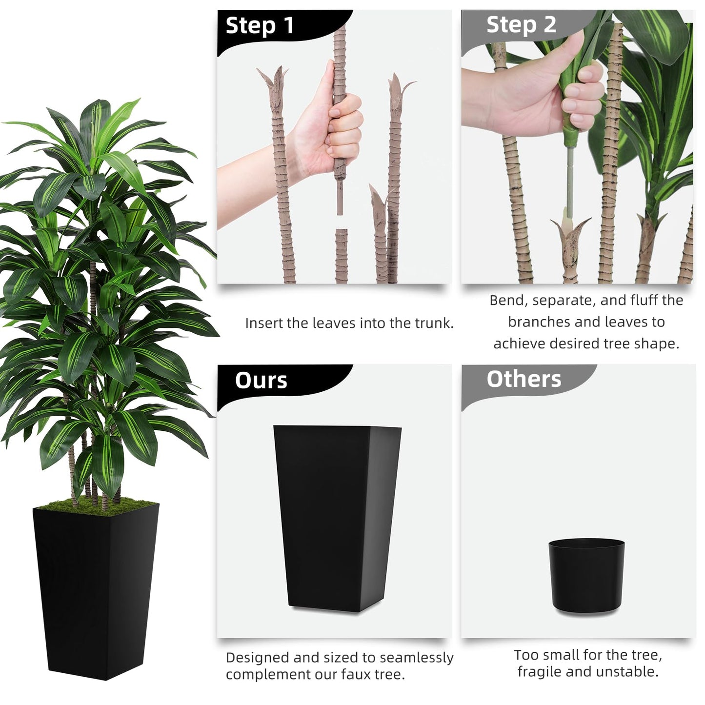 Artificial Dracaena Plant Indoor 5FT - Fake Tree with White Tall Planter - Faux Yucca Tall Fake Floor Plant in Pot - Artificial Trees for Home Office Living Room Decor Indoor
