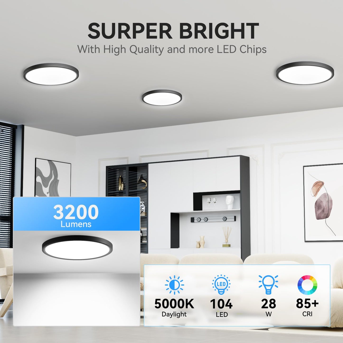 WKONCLDY 6Pack 3200lm LED Flush Mount Ceiling Light, Super Slim 12 inch LED Ceiling Light, 5000K LED Ceiling Light for Bedroom, Living Room, Dining Room (Black, Six Pack)