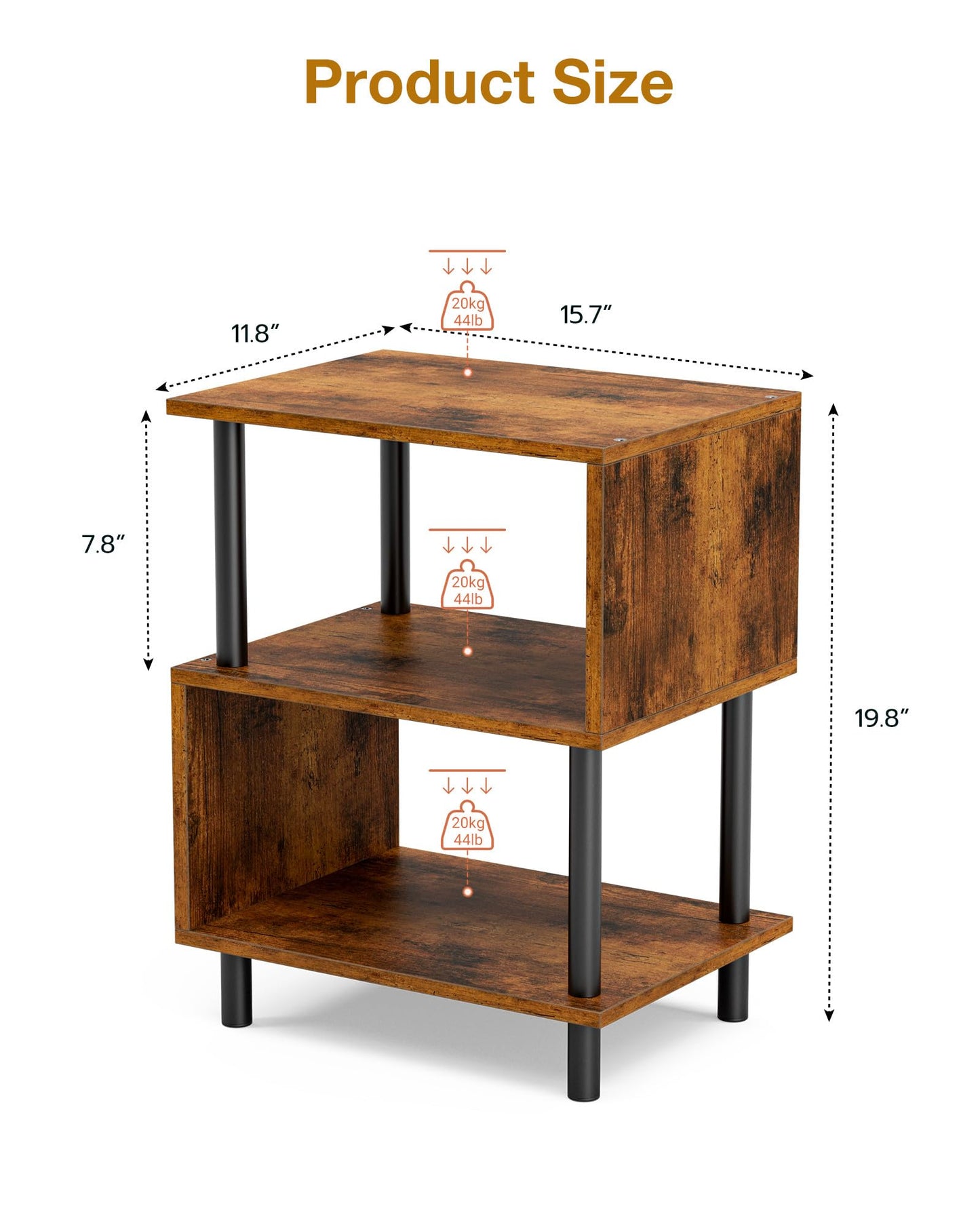 Frylr Small Side Table, End Table and Nightstand with 3-Tier Wood Shelves, Sturdy Metal Frame with 44 LBS Capacity per Shelf, Easy to Assemble for Living Room or Bedroom,Rustic Brown