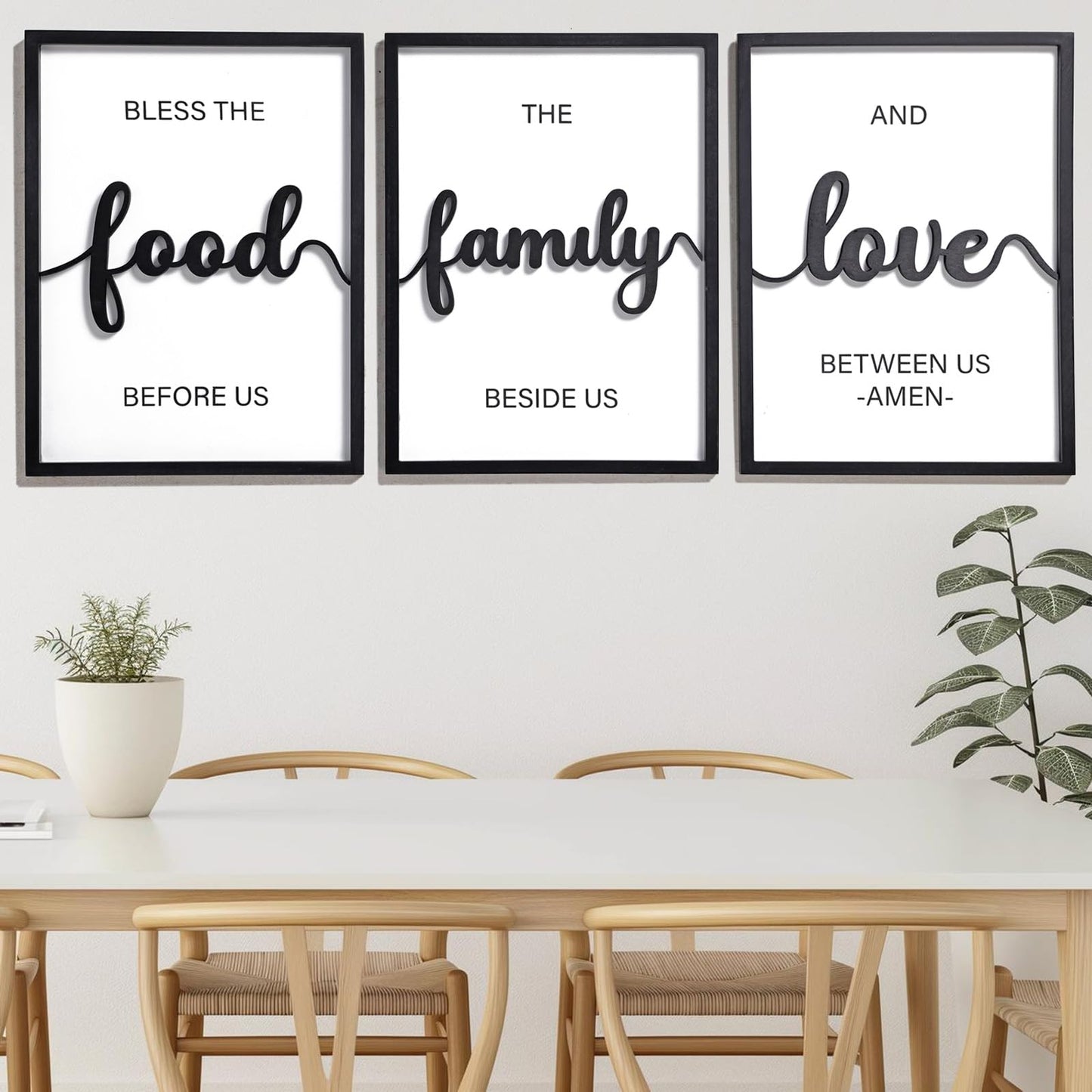 3D Wood Bless The Food Before Us Wall Decor, 36" x 16" Framed Kitchen Wall Art for Dining Room Wall Decor(Ready to Hang, 12x16 inches, Set of 3, Framed)