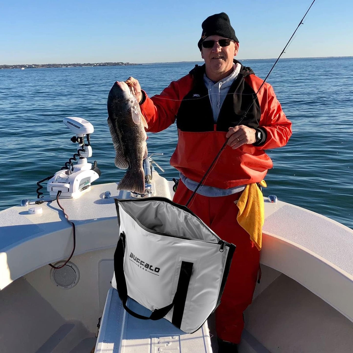 Buffalo Gear Insulated Fish Bag Cooler Flat Bottom-35L Waterproof Fish Kill Bag,Small Fishing Bag Leakproof Fish Cooler (White)