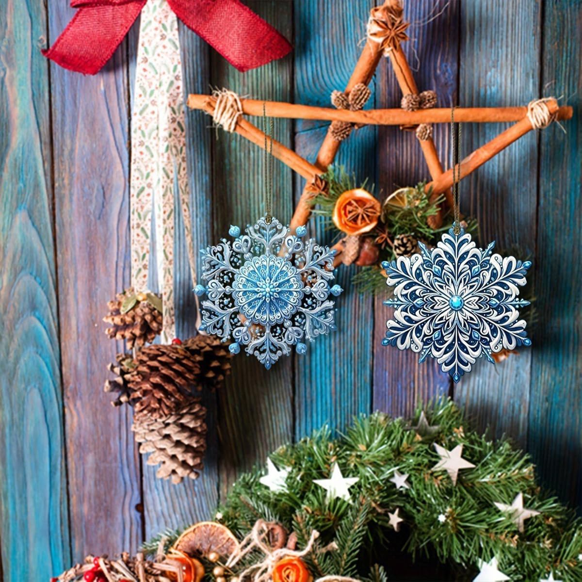 12Pcs Christmas Tree Decorations Christmas Snowflake Wooden Ornaments Christmas Decor Creative Blue Snowflake Christmas Ornaments for Tree Winter Home Decoration Holiday Party DIY Crafts