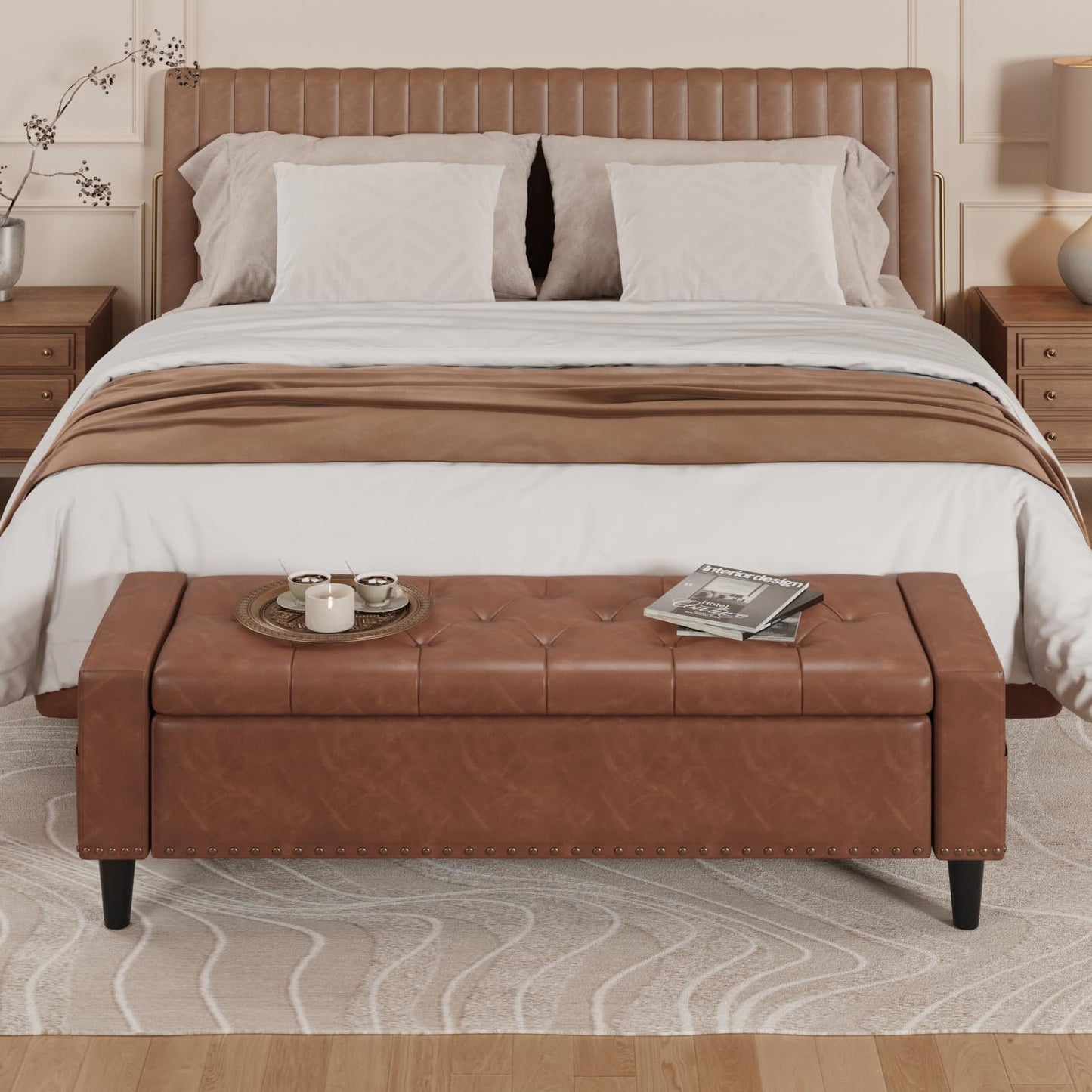 60" Storage Ottoman Bench, Faux Leather Bed Bench with Tufted Buttons and Nailhead Trim, Large Upholstered Ottoman with Storage for King Size End of Bed, Bedroom, Living Room, Entryway, Hallway, Brown