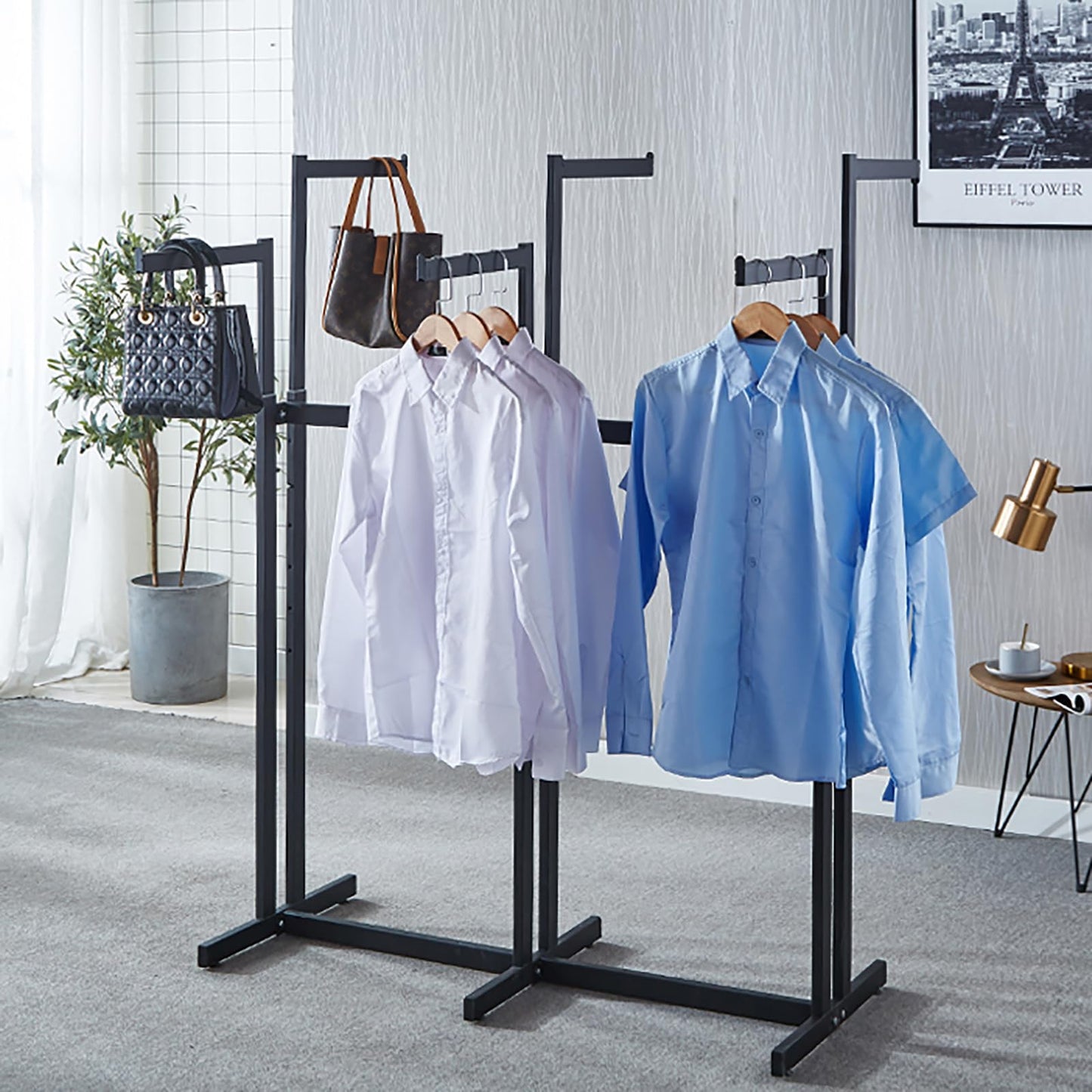 FKKPRVAX Floor Standing Metal Garment Rack - Heavy Retail Display Racks With Wheels, 8 Arms Clothing Rack, Square Tubing Portable Shirt Racks, Merchandise Display For Hanging Clothes (L-Black)