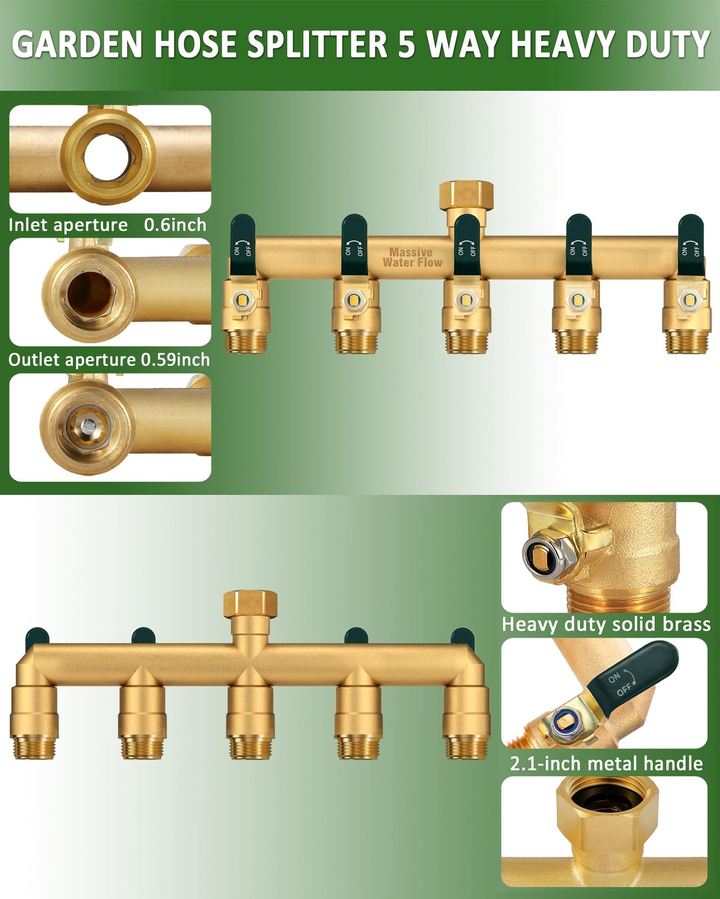 5 Way Hose Splitter, Heavy Duty Full Flow Garden Hose Splitter with 5 Large Metal Handles, Brass Water Hose Bib Splitter, T Adapter Connector with 3/4 - Inch GHT Thread (Green)