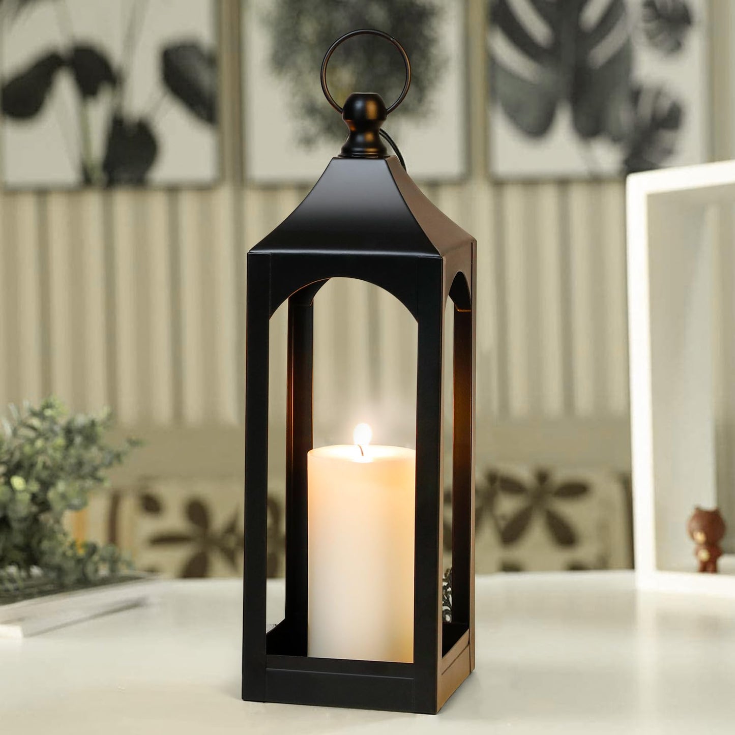 Modern Farmhouse Lantern Decor, Black Metal Decorative Hanging Candle Lanterns Ideal for Home Decor, Parties & Events, 15.1" High (No Glass Panel)