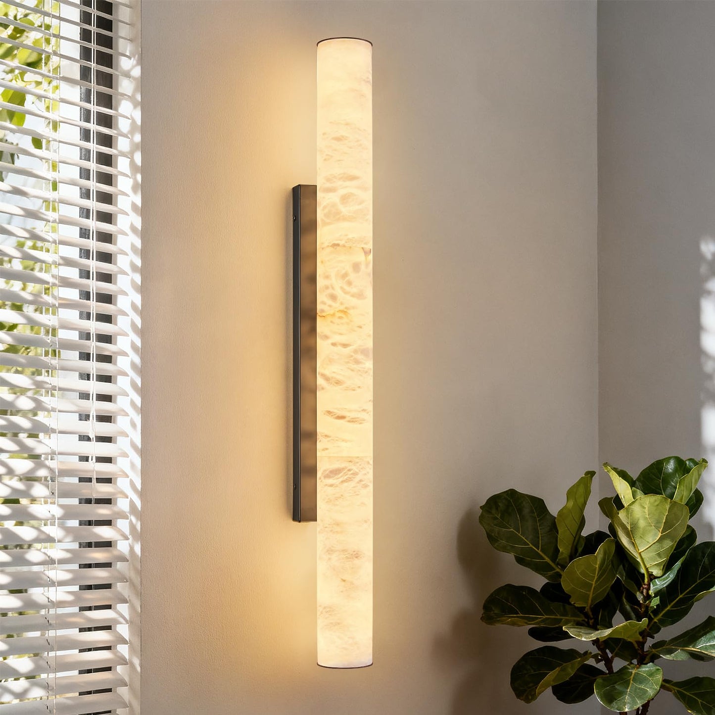 LMQNINE Natural Alabaster Wall Sconces Set of Two Spanish Marble Wall Light Cylinder Modern Black LED Sconce for Living Room Bedroom Bathroo Stairs（L-2Pack）
