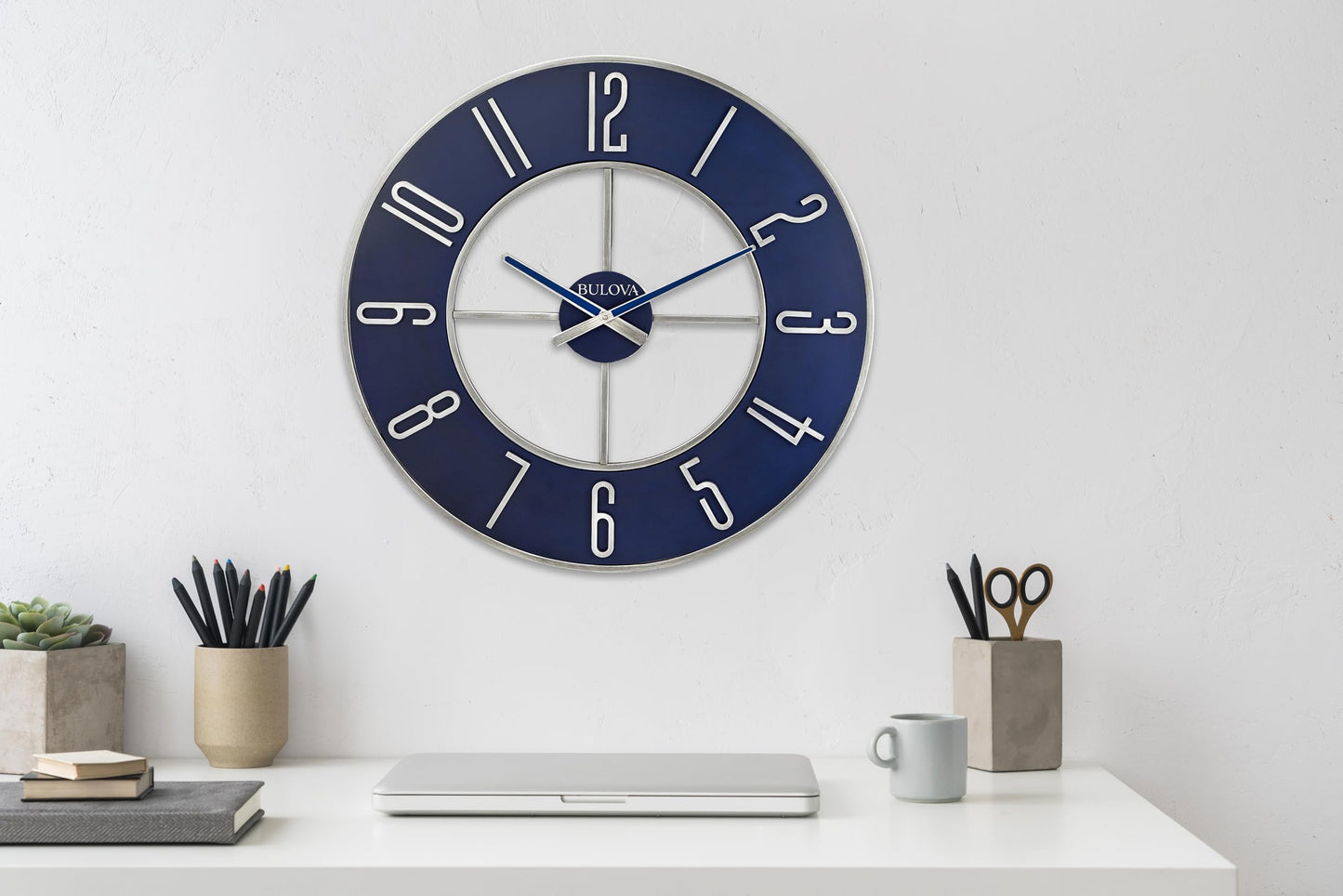 Bulova Blue Steel Oversize Wall Clock |Model C4809, 27" Diameter | Sleek Silver and Blue Finish | Contemporary Design | Battery Operated