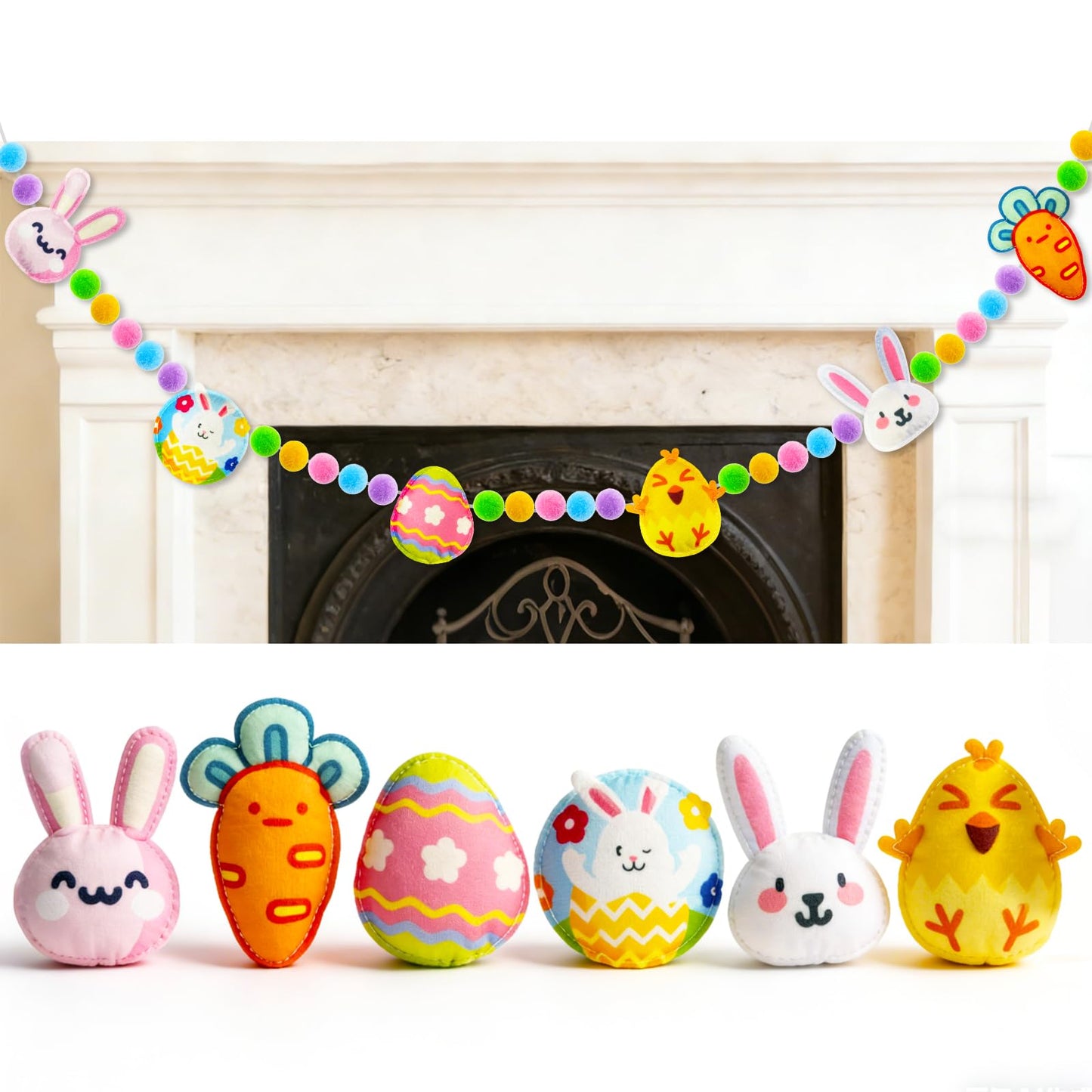 6.5ft Easter Garland Decorations, Handmade Felt Bunny Chick Carrot & Egg Pom Pom Garland, Farmhouse Spring Mantel Decor for Home Fireplace Wall Reusable Easter Banner for Indoor Party