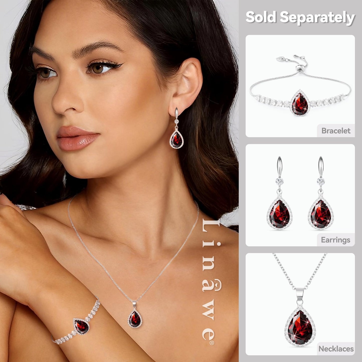 Linawe Red Crystal Imitation Diamond Charm Silver Bracelets for Women, Garnet Rhinestone Birthstone Moissanite Cubic Zirconia Chain Bracelet Set, Prom Costume Wedding Jewelry