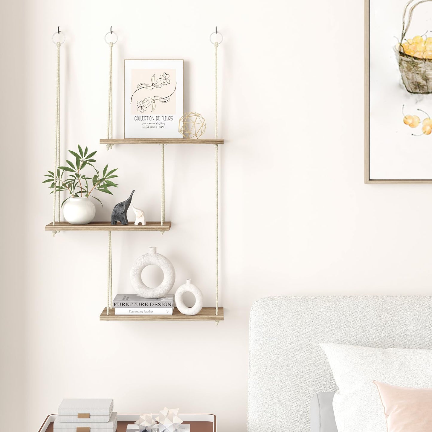 Fixwal Hanging Plant Shelves for Wall, 3 Tier Boho Wall Decor Plant Rack Floating Shelves Rope Rustic Wood Organizer Storage Hanger for Aesthetic Home Bedroom Kitchen Bathroom- Rustic Brown