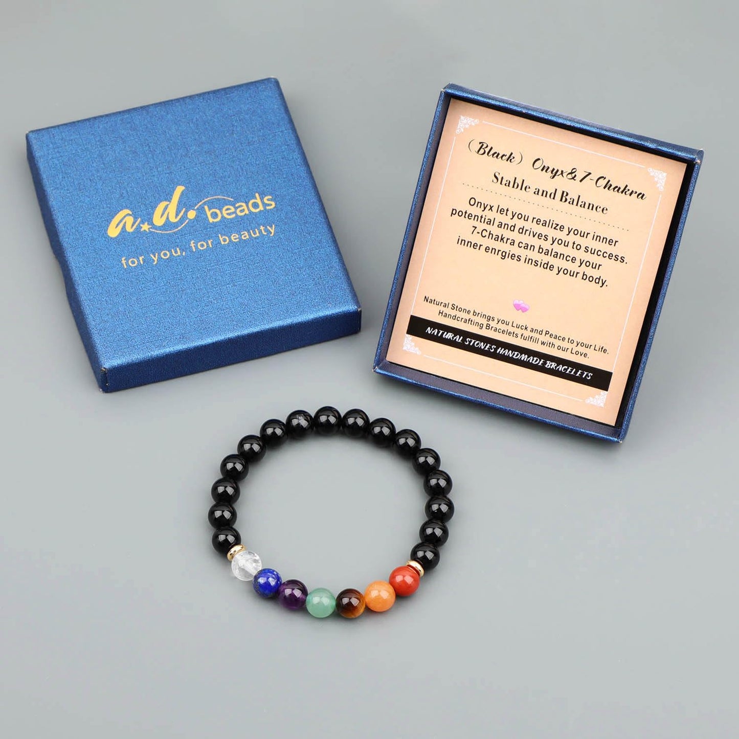 AD Beads Handmade Gemstone Stretch Elastic Bracelet Crystal Healing Reiki Nature's Beauty and Spiritual Essence Unisex (10mm, Onyx & 7-Chakra (Stable and Balance))