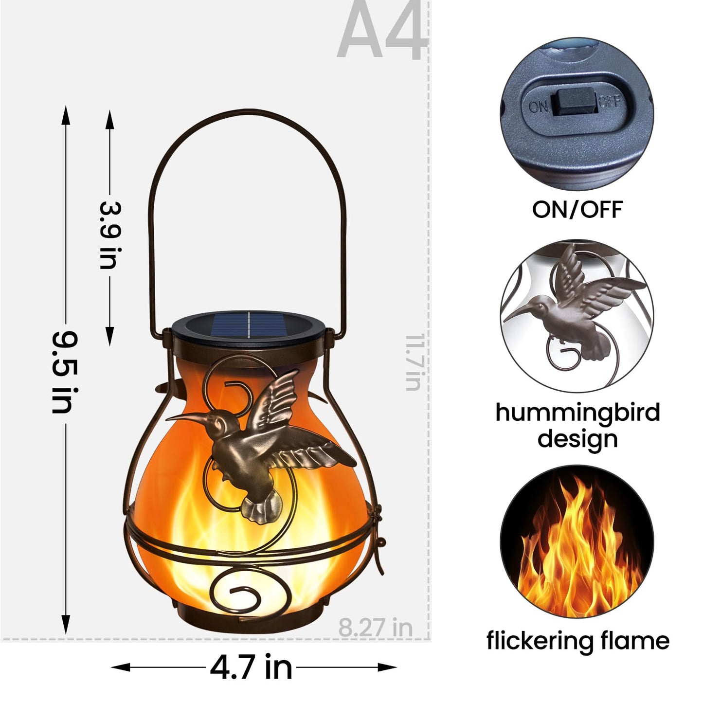 2 Pack Solar Lanterns Outdoor Waterproof , Metal Hummingbird Flickering Flame Solar Lights, Hanging Decorative Lantern for Patio Garden Porch, Gifts for Women, Mom