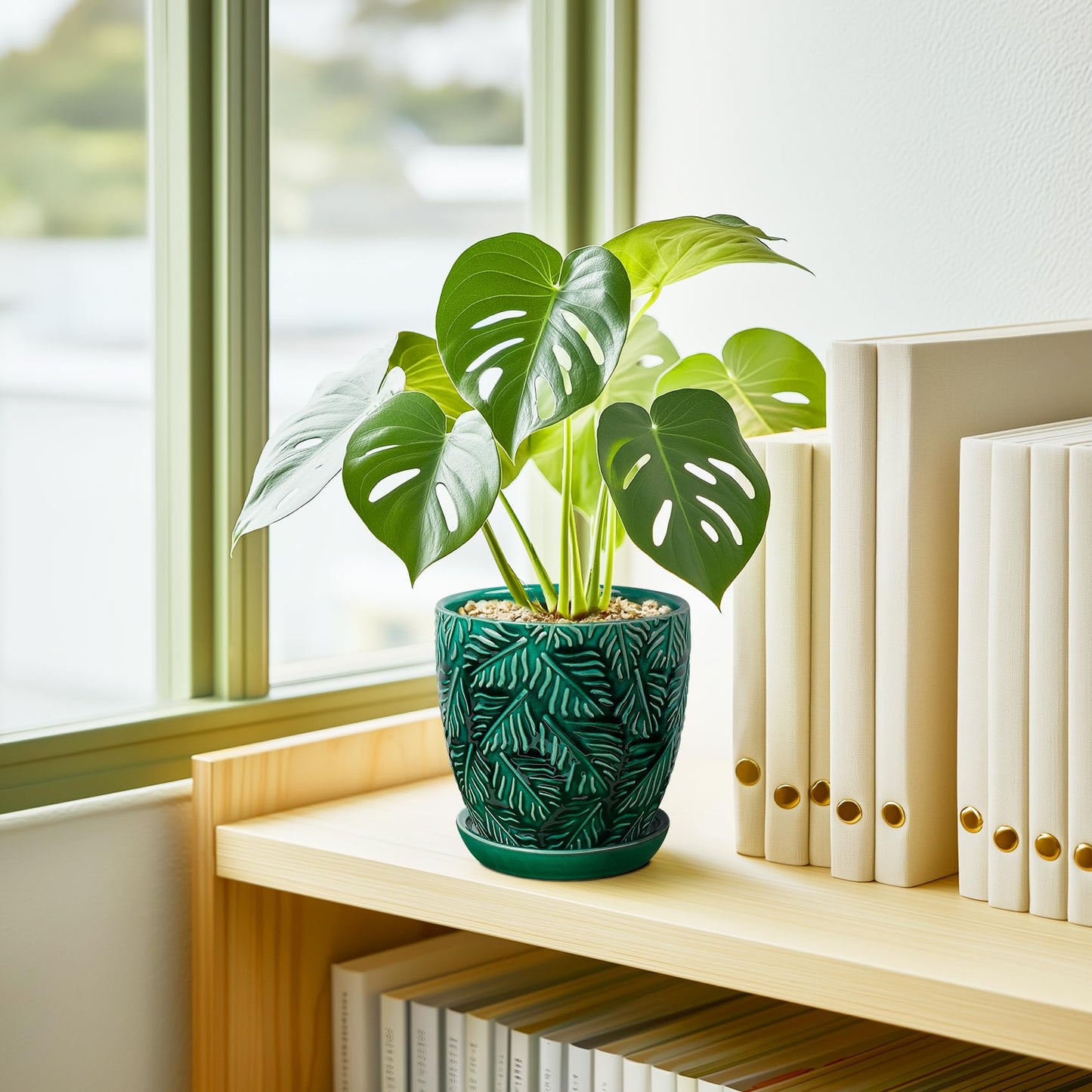 LITUDISO Ceramic Plant Pots, 6 Inch Indoor Plant pots with Drainage Hole and Saucer, Flower Pots, Leaf Embossed - Green Glaze, Set of 2