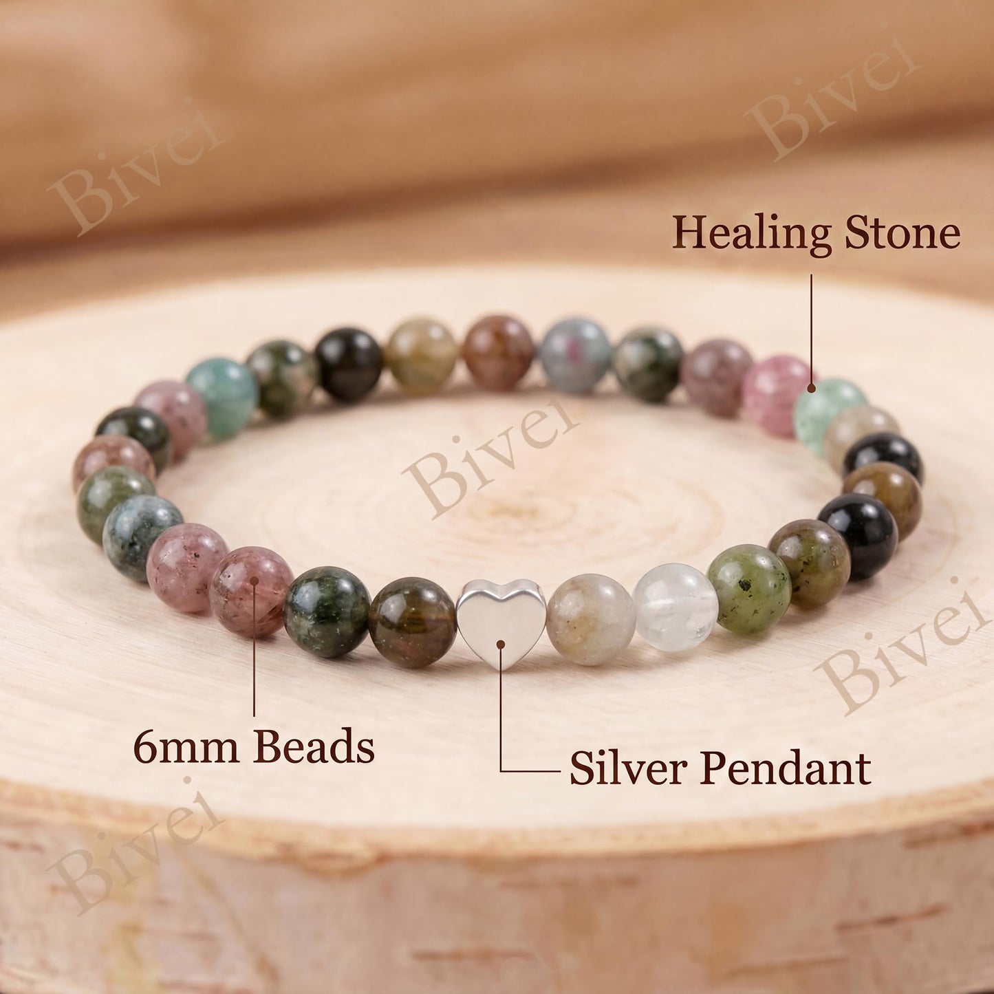 Bivei 6mm Rainbow tourmaline Crystal Stretch Bracelets for Women, Handmade Natural Stone Beaded Bracelet, Yoga Protection Jewelry Gift