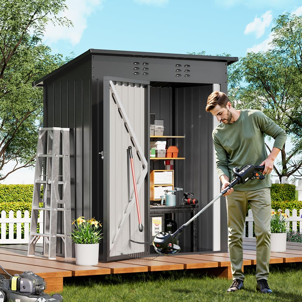 COMHOMA Shed Outdoor Storage Shed Metal,Lockable Doors Tool Sheds with Sloping Roof,Steel Garden Shed with Air Vent for Backyard,Patio,Lawn,Poolside(Grey,5'*3')