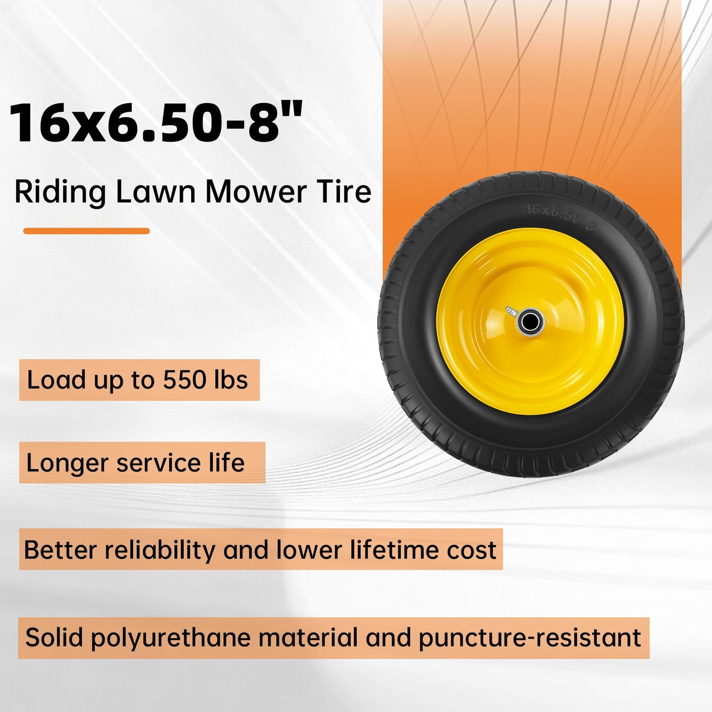 2PC 16x6.50-8 Flat Free Tire and Wheel,3/4" Bearings & Extra 1" Bushing,3" Offset Hub, Solid Riding lRLawn Mower Tires, 550lbs Load Capacity, Fit for Lawn Mowers, Riding Mowers and Lawn Tractors.
