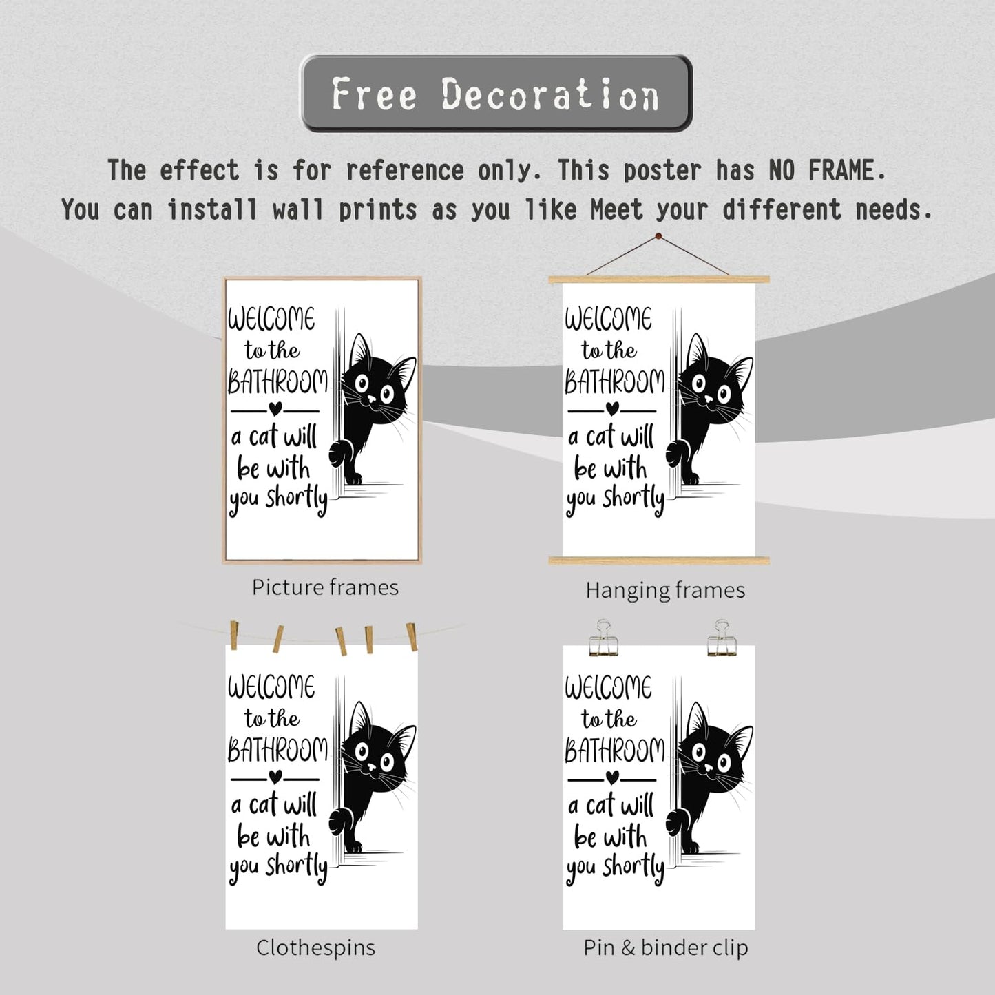 HNNXAR Funny Cat Bathroom Wall Art,Welcome To The Bathroom A Cat Will Be With You Shortly Paintings Posters,Black and White Funny Canvas Pictures Prints,Cute Black Cat Wall Decor 12x16in Unframed