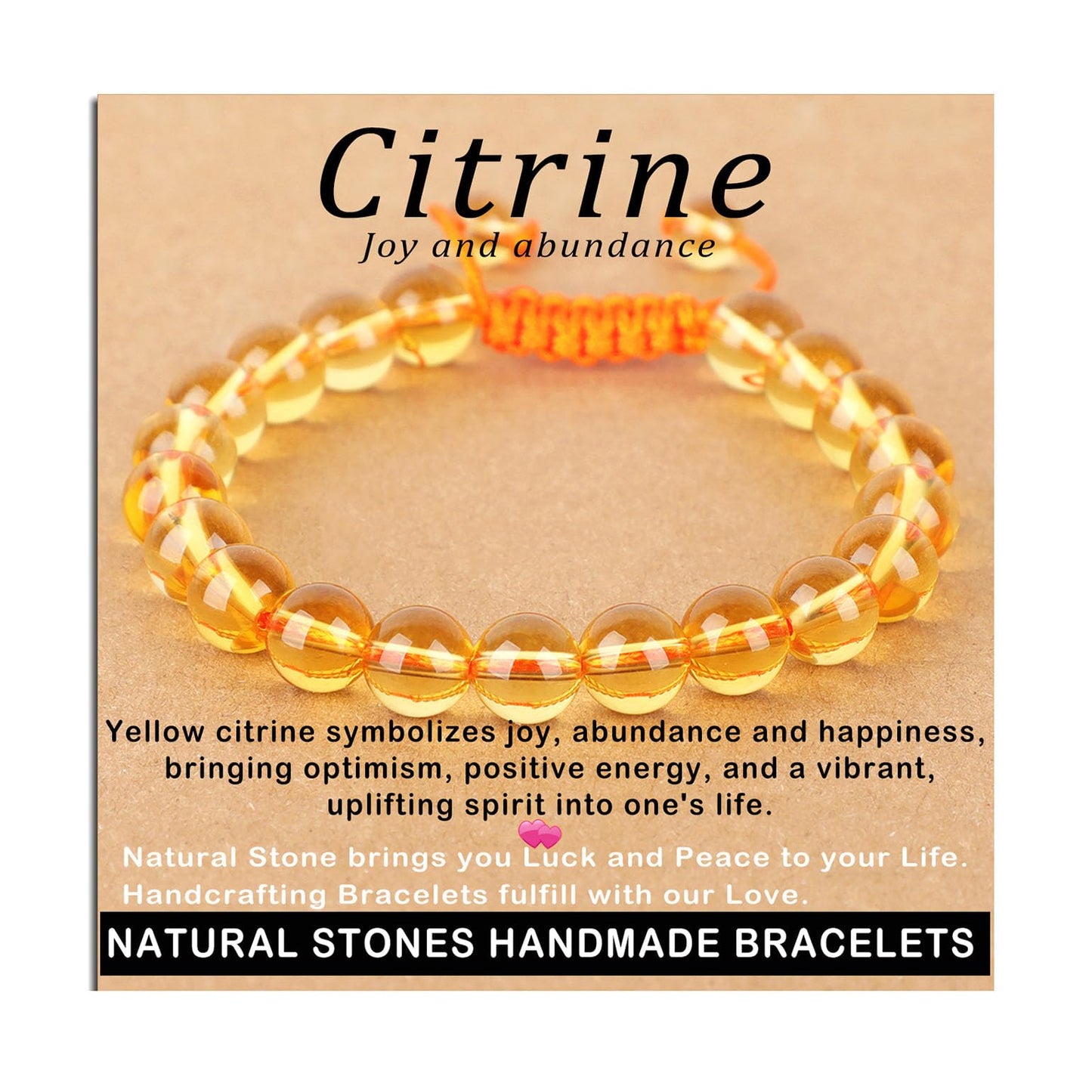 AD Beads 8mm Citrine Bracelet - Stone of Joy and abundance - Handmade Natural Stone Crystal Bracelet with Adjustable Macrame String - Yoga Healing Power Energy Gifts for Men and Women