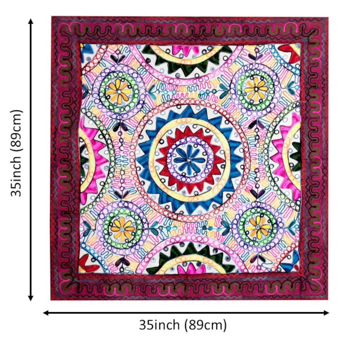 Purpledip Cotton Tapestry 'Valley Of Flowers': Vintage Embroidery Table Cover Or Wall Hanging (11361)