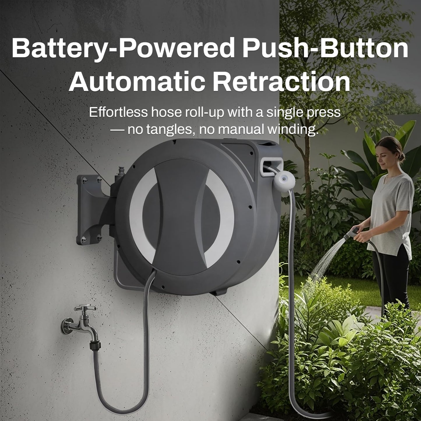 Betta EaseReel Battery-Powered Wall-Mounted Retractable Hose Reel, with Quick-Access Dual Hose Length Control, 8 Spray Patterns Nozzle, Automatic Roll-Up & Tangle-Free Hose Guide (1/2'', 78FT/23m)