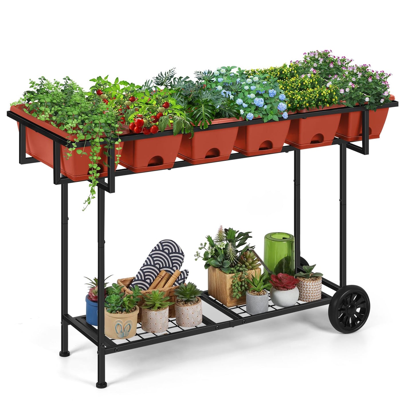 Vrisa Elevated Raised Garden Bed Outdoor with Legs 43x17x29 in Plastic Standing Planter Box with Storage Shelf and Wheels Vegetables Herbs Flowers Gardening Boxes for Backyard, Patio, Balcony, Black