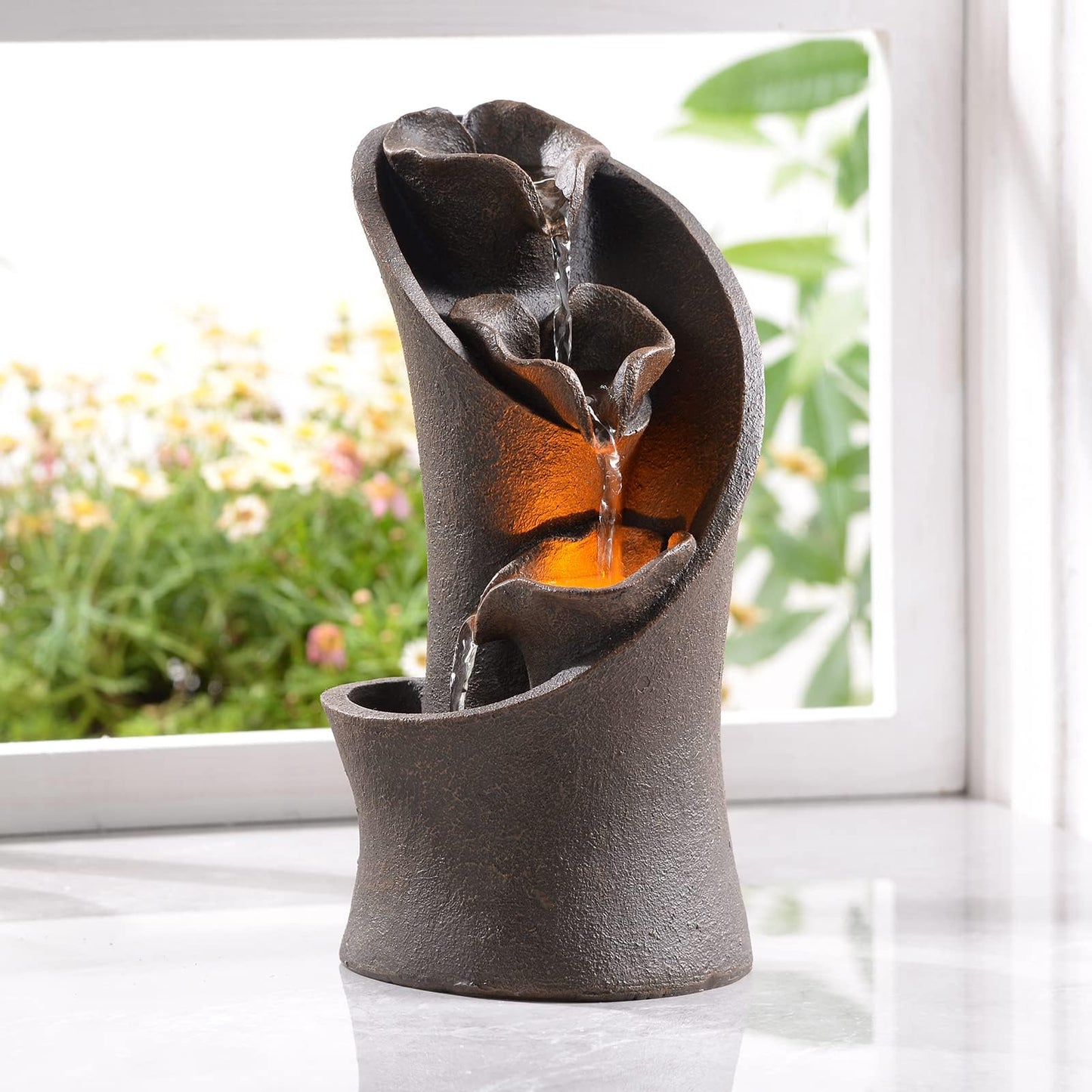 Kalona Tabletop Waterfall Fountain, 3-Tier Indoor Water Fountain for Home Office Decor, Relaxing LED Fountains with Artistic Stone-Look Design for Meditation (23005)