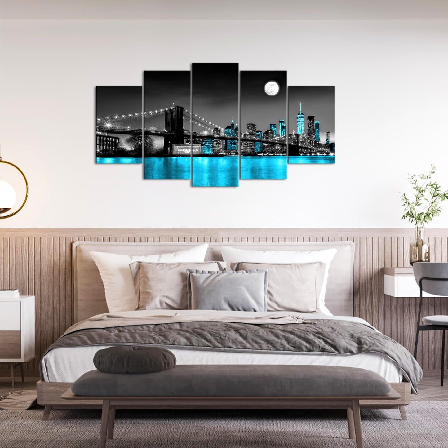 KLVOS 5 Panel Brooklyn Bridge Canvas Wall Art Modern New York City Picture Painting Blue Night View with Moon Decor for Home Ready to Hang