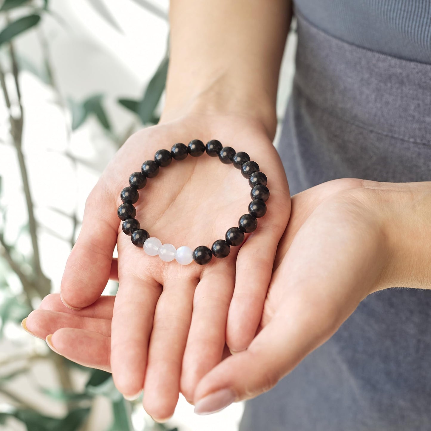 Karelian Heritage Black Shungite Beaded Bracelet, 8mm Handmade Stretchy Unisex, Crystal Healing Authentic Stone, Spiritual Chakra Balance Jewelry (Shungite & Moonstone)