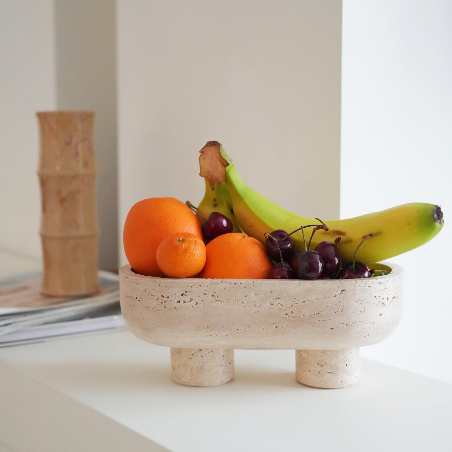 WILD WORKS Travertine Fruit Bowl, 10.2" Oval Beige Stone Serving Bowl for Kitchen Counter & Dining Table, Handcrafted Decorative Centerpiece with Non-Slip Feet for Home Decor