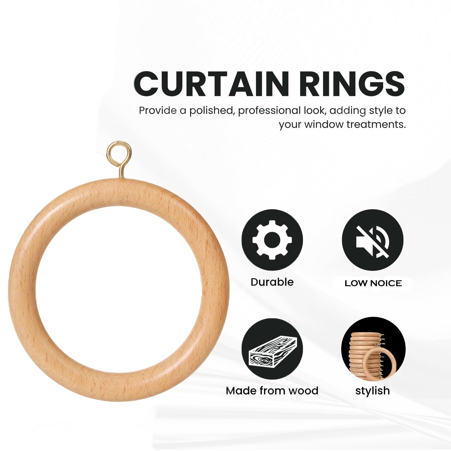 96 Pcs Wooden Drapery Curtain Rings with Metal Hooks – 3.5''Outer, 2.7" Inner Diameter – Beechwood Durable Wooden Drapery Rod Rings for 1-1.5 inch – Pack of 96