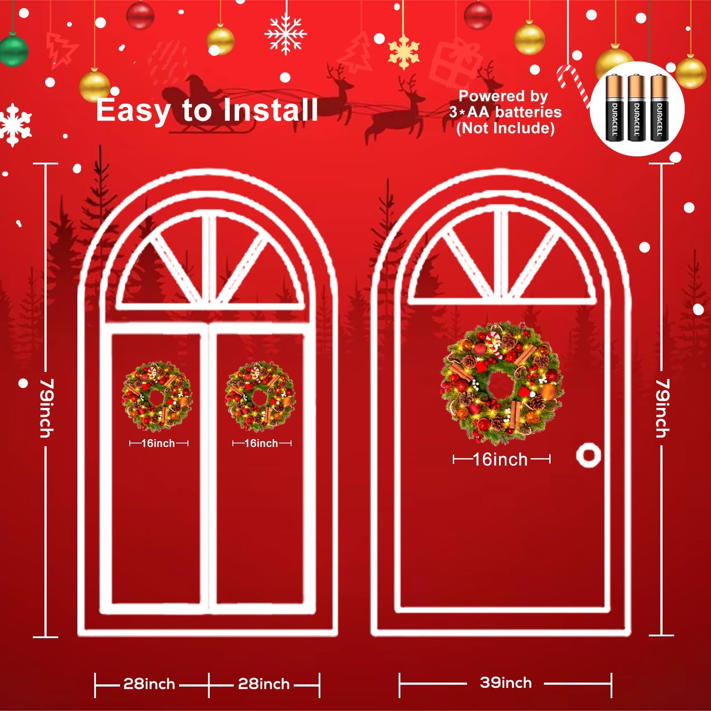 Quntis 16 Inch Christmas Wreath with 40 Lights 8 Modes, Lovely Christmas Door Wreath Decorations Artificial Xmas Wreath with PineCones Dried Lemon Pieces, Winter Wreaths Outdoor Porch Fireplace Window