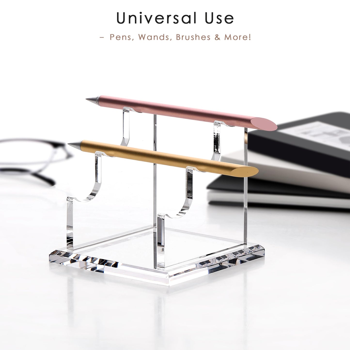 YUXUN Acrylic Pen Holder for Desk - Horizontal Three Pen Display Stand with 8mm Thick Base | Fountain Pen Rest, Apple Pencil Stand, Crystal-Clear Desk Organizer
